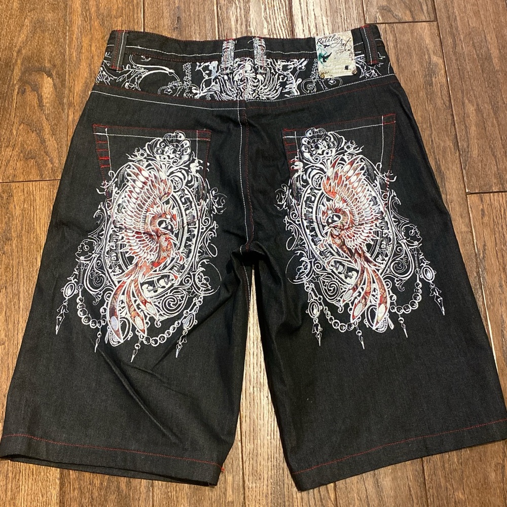 Affliction Black Jean Shorts with Red and White Design